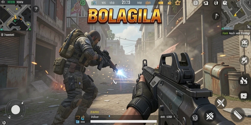 Tampilan seru dari gameplay BOLAGILA dengan pertempuran FPS yang dinamis.