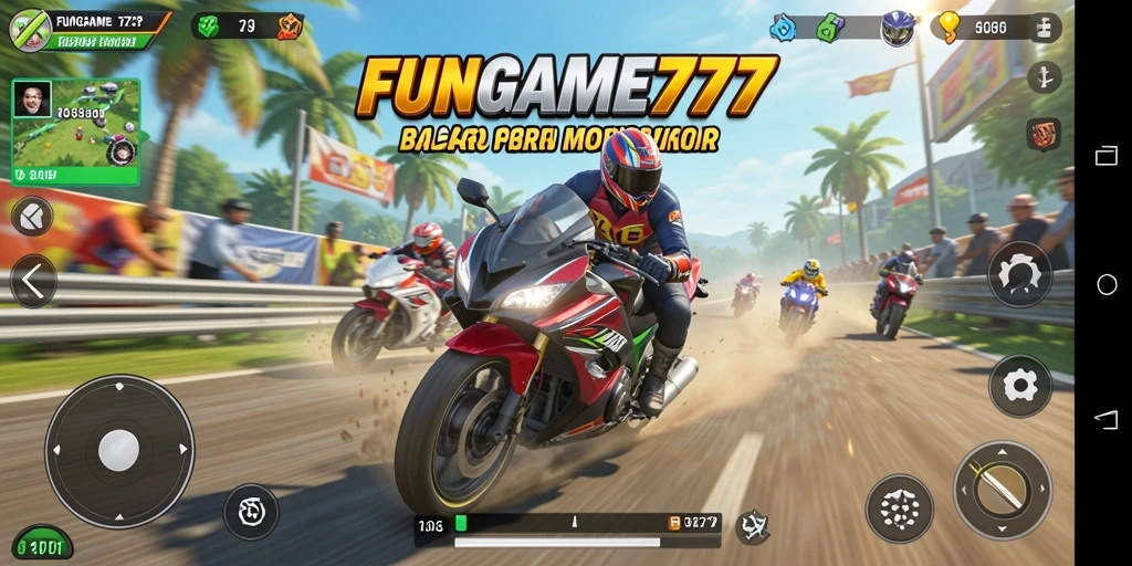 Gameplay FUNGAME777 yang mendebarkan dengan motor balap.