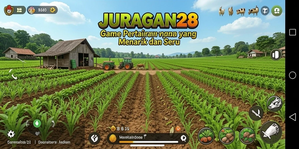 Tampilan gameplay menarik dari JURAGAN28 dengan lahan pertanian yang luas.