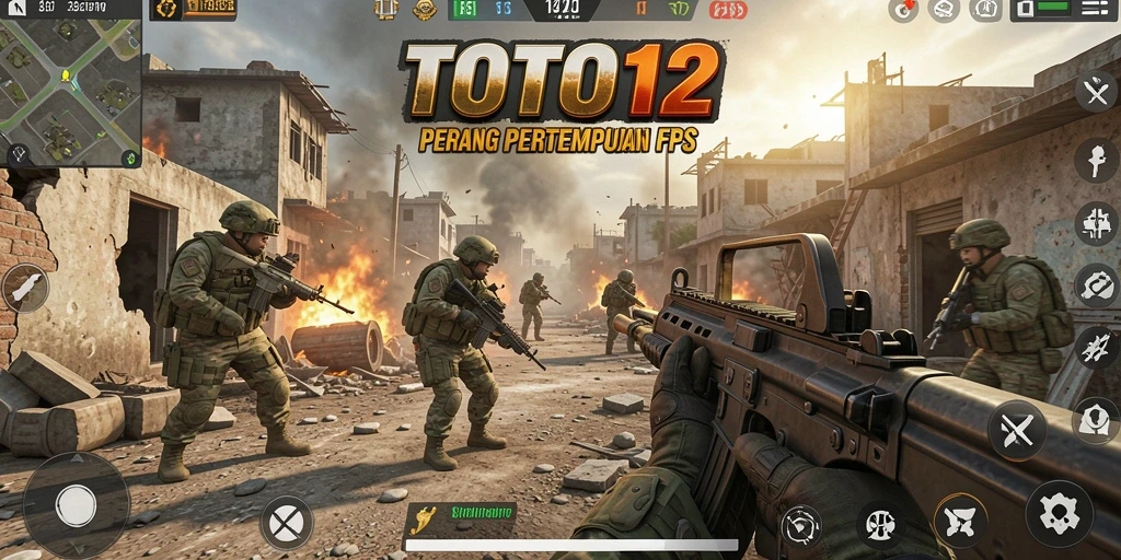 Screenshot utama TOTO12 menampilkan aksi menembak yang cepat dan mendebarkan.
