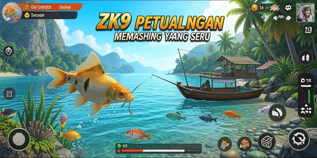 Tampilan gameplay ZK9 saat memancing di danau indah.